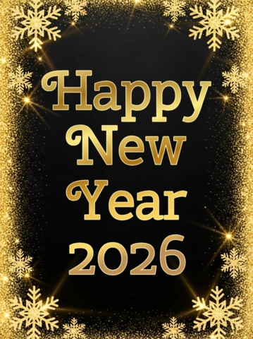 Elegant New Year 2026 Greeting Card Design Template with Gold Typography and Snowflakes