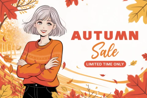 Autumn Sale Design Template with Manga Character and Fall Leaves for Promotional Flyers