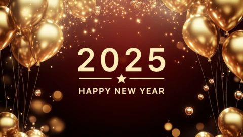 Modèle d'invitation à la célébration du nouvel an 2025 avec des ballons dorés