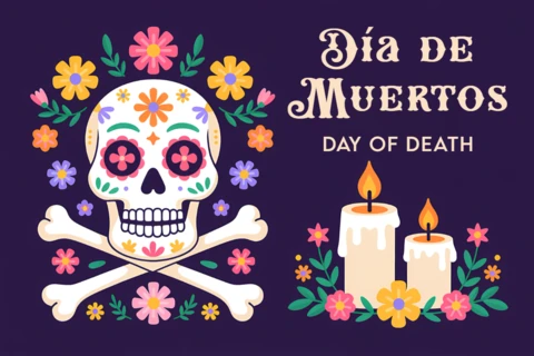 Colorful Día De Muertos Skull Design Template for Greeting Cards