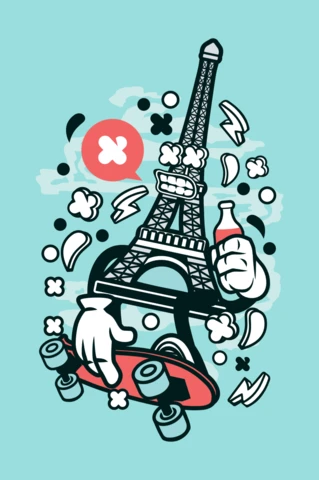 Eiffel Tower Skateboarder Cartoon Character T-shirt Design Template