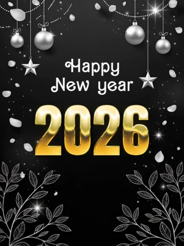 Elegant New Year 2026 Greeting Card Template with Gold Foil Design and Festive Elements