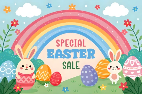 Whimsical Easter Sale Design Template with Bunnies and Colorful Eggs