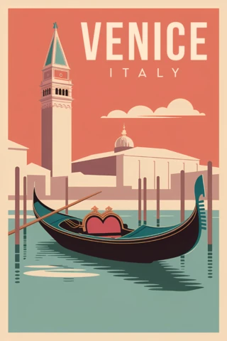 Modèle d'affiche de voyage vintage Venise Italie avec graphique de gondole