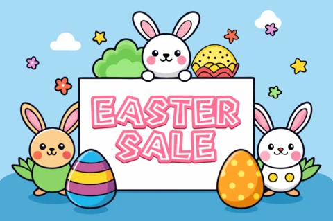 Juguetona plantilla de diseño de venta de Pascua con lindos conejitos y huevos de colores