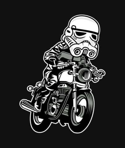 Stormtrooper caferacer personaje de dibujos animados plantilla de diseño de la camiseta