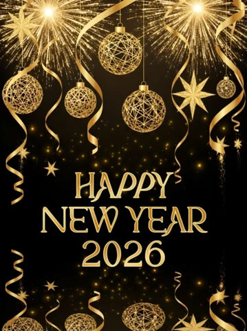 Elegant New Year Celebration Template with Gold Ornaments and Sparkling Fireworks Design for Greeting Cards