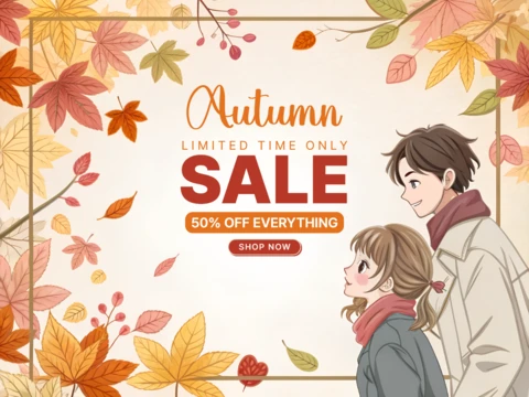 Autumn Sale Design Template with Leaves and Cute Manga Couple for Promotional Flyers