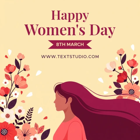 Modèle d'affiche pour la Journée internationale des femmes avec illustration de femme, cheveux flottants et décorations florales.