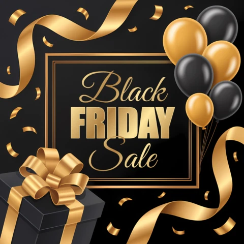 Black Friday Sale Design Template with Gold Balloons and Gift Box for Promotional Flyers