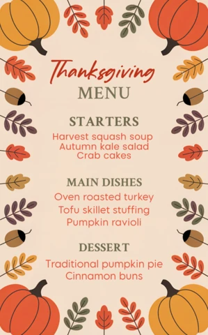 Autumn Harvest Thanksgiving Menu Template Design with Pumpkins and Leaves