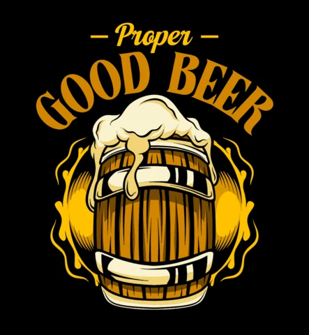 Logo de barril vintage de buena cerveza adecuada con salpicadura de cerveza espumosa para diseño de camiseta de mercancía de pub y cervecería.