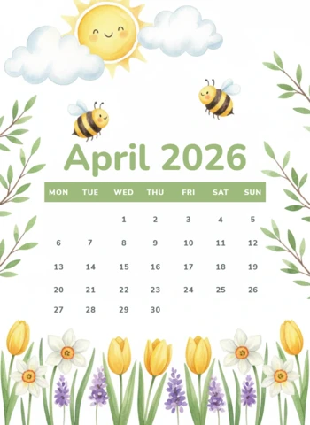 Smiling Sun, Bees, Clouds, Tulips, Daffodils, Hyacinths, and Decorative Border Theme April 2026 Calendar Poster