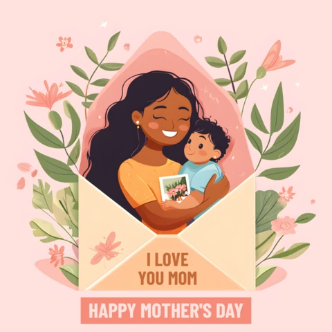 Floral Illustrated Mother's Day Card Design Template - I Love You Mom