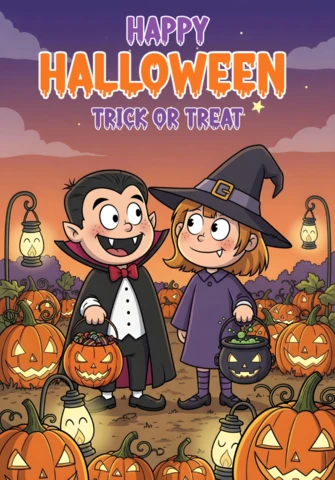 Scène de champ de citrouilles d'Halloween effrayante avec des enfants sorciers et vampires, lanternes suspendues et ciel au coucher de soleil, modèle de design pour des flyers festifs.