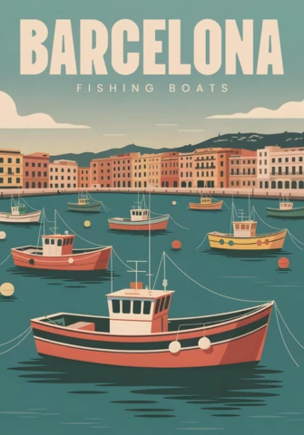 Barcelona Fishing Boats Coastal Scene with Colorful Harbor Illustration Travel Posters Design Template
