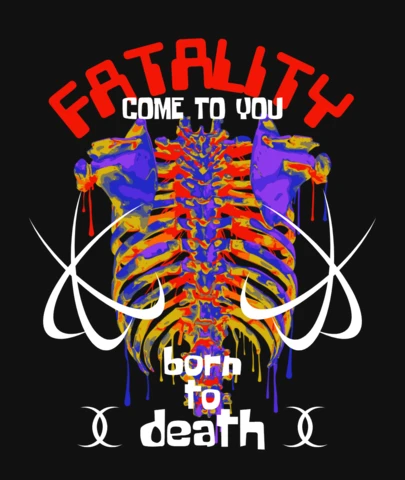 Art de t-shirt avec un drip de fatalité, une cage thoracique néon, des cornes abstraites et une citation existentielle sombre.