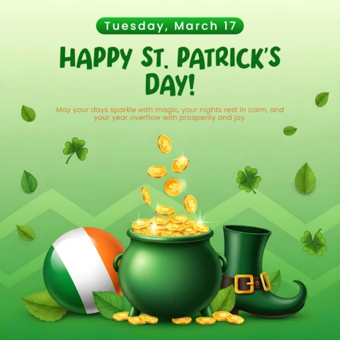 St Patrick's Day Celebration Template with Pot of Gold Design for Greeting Cards