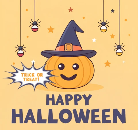 Vrolijk halloween wenskaart sjabloon met schattig pompoenontwerp