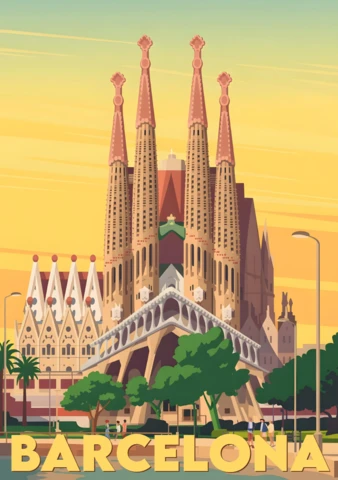 Sagrada Família with Sunset Sky and City Street Scene Barcelona Travel Posters Design Template