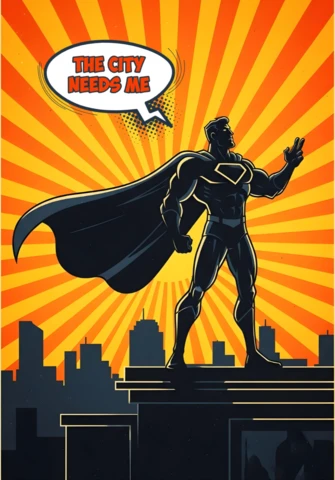 La ciudad me necesita silueta de superhéroe en la azotea con diseño de cartel de explosión radial.