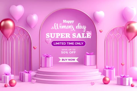 Happy Women's Day Sale Design Template - Elegant Pink Celebration with Balloons and Gifts