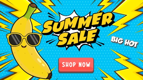 Modello di design per saldi estivi con divertente personaggio di banana