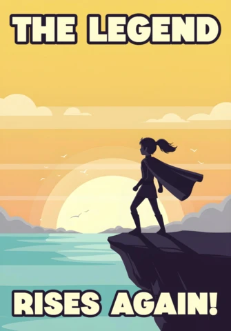 The Legend Rises Again Super Girl Silhouette On Cliff with Sunset & Inspirational Quote Poster Template