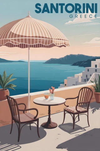 Şemsiye, içecekler ve gün batımında deniz manzarası ile teras, Santorini seyahat posterleri tasarım şablonu