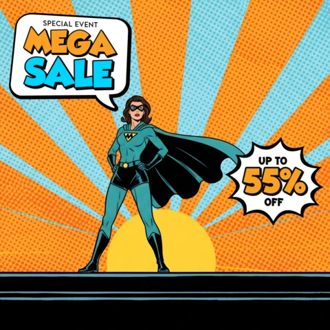 Mega venda estilo quadrinhos cena do pôr do sol com design de heroína em teal para modelos de panfletos promocionais