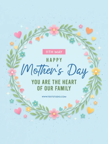Tarjeta de felicitación del Día de la Madre — saludo de feliz Día de la Madre rodeado de flores coloridas, hojas verdes y una corona decorativa.