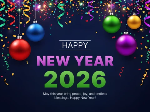 Plantilla de diseño para celebración de Año Nuevo con adornos coloridos para invitaciones a fiestas.