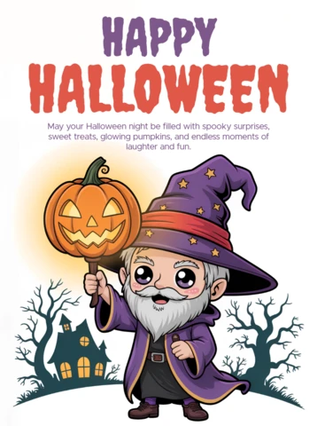 Design del template di Halloween felice con un mago dei cartoni animati e una zucca per biglietti di auguri festivi