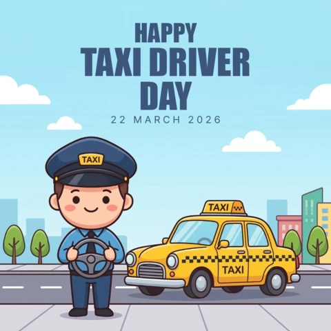 Taxi Driver Day 2026 Driver Standing Beside Yellow Taxi Cab Holding Steering Wheel Illustration Highlighting Transportation Appreciation