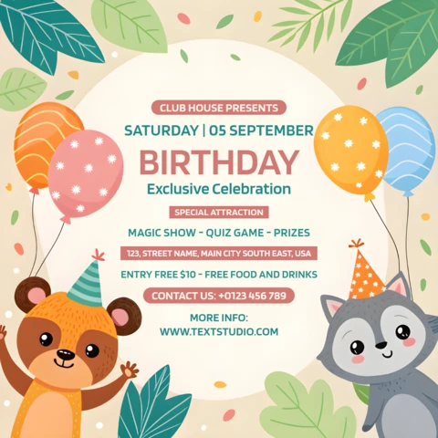 Modelo de convite para festa de aniversário com design de animais fofos