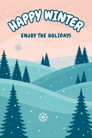 Plantilla de tarjeta de felicitación de invierno con diseño de árboles y colinas nevadas