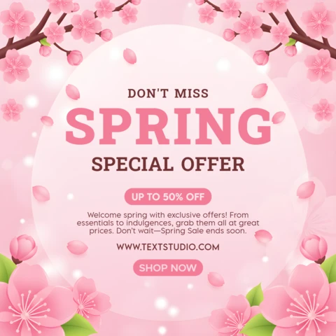 Plantilla de diseño de banner de venta festiva de primavera con flores, pétalos y mensaje promocional.