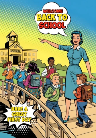 Estudantes voltando às aulas atravessando a ponte em direção à escola do relógio com cartaz de boas-vindas do professor, modelo de design.