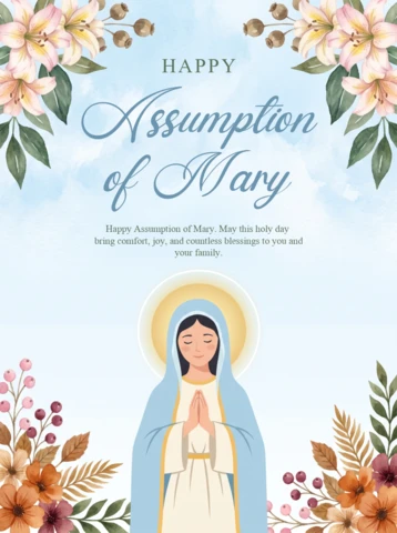 Assumption of Mary Spiritual Poster Virgin Halo Radiant Glow Blue Robe White Veil Prayer Lilies Sacred Celebration