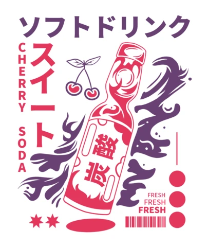 CHERRY SODA Japanese Soft Drink with Retro Bottle, Twin Cherries & Sweet T-Shirt Design Template