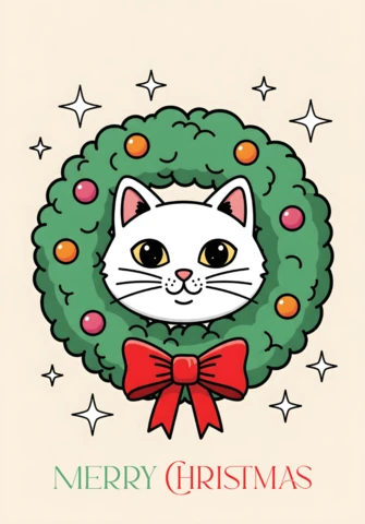 Christmas Card Design Cat in Green Wreath with Colorful Ornaments and Sparkles in Joyful Holiday Scene