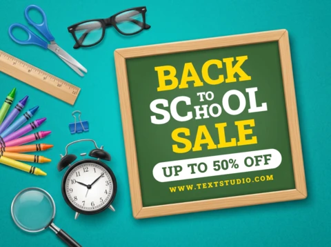 Back to School Sale Poster with Blackboard and Colorful School Supplies On a Blue Background