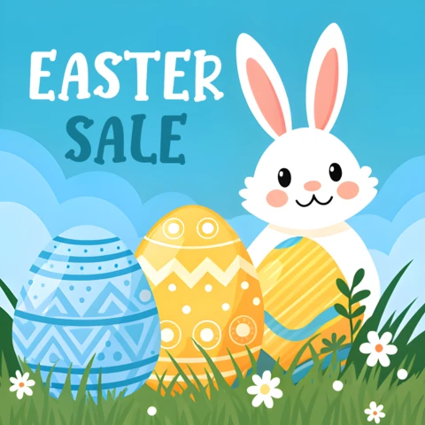 Plantilla de diseño de venta de Pascua: bonito estilo de dibujos animados con conejito y huevos de colores
