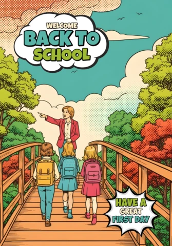 Volta às aulas, professor conduzindo alunos através da ponte de outono em direção ao cartaz de design escolar.