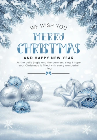 Christmas Greeting Card with Snowy Pine Branches, Silver Ornaments, and Blue Winter Background