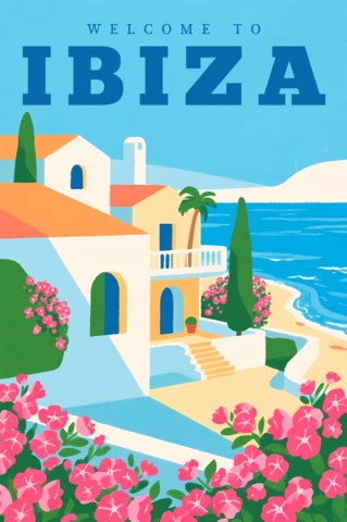 Colorful Ibiza Bougainvillea Design Template for Travel Posters