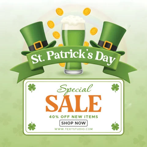 Saint Patrick’s Day Sale Poster Design Template with Leprechaun Hats, Green Beer, and Shamrocks