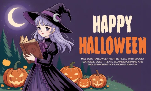 Design del template manga di strega spettrale per biglietti di auguri festivi di Halloween