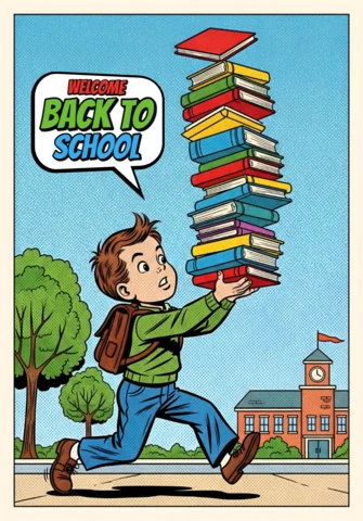 Bienvenido de nuevo a la escuela, estudiante que lleva una alta pila de libros hacia el cartel del campus de la torre del reloj.