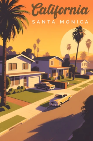 Modèle de design de coucher de soleil californien pour des affiches rétro à plat